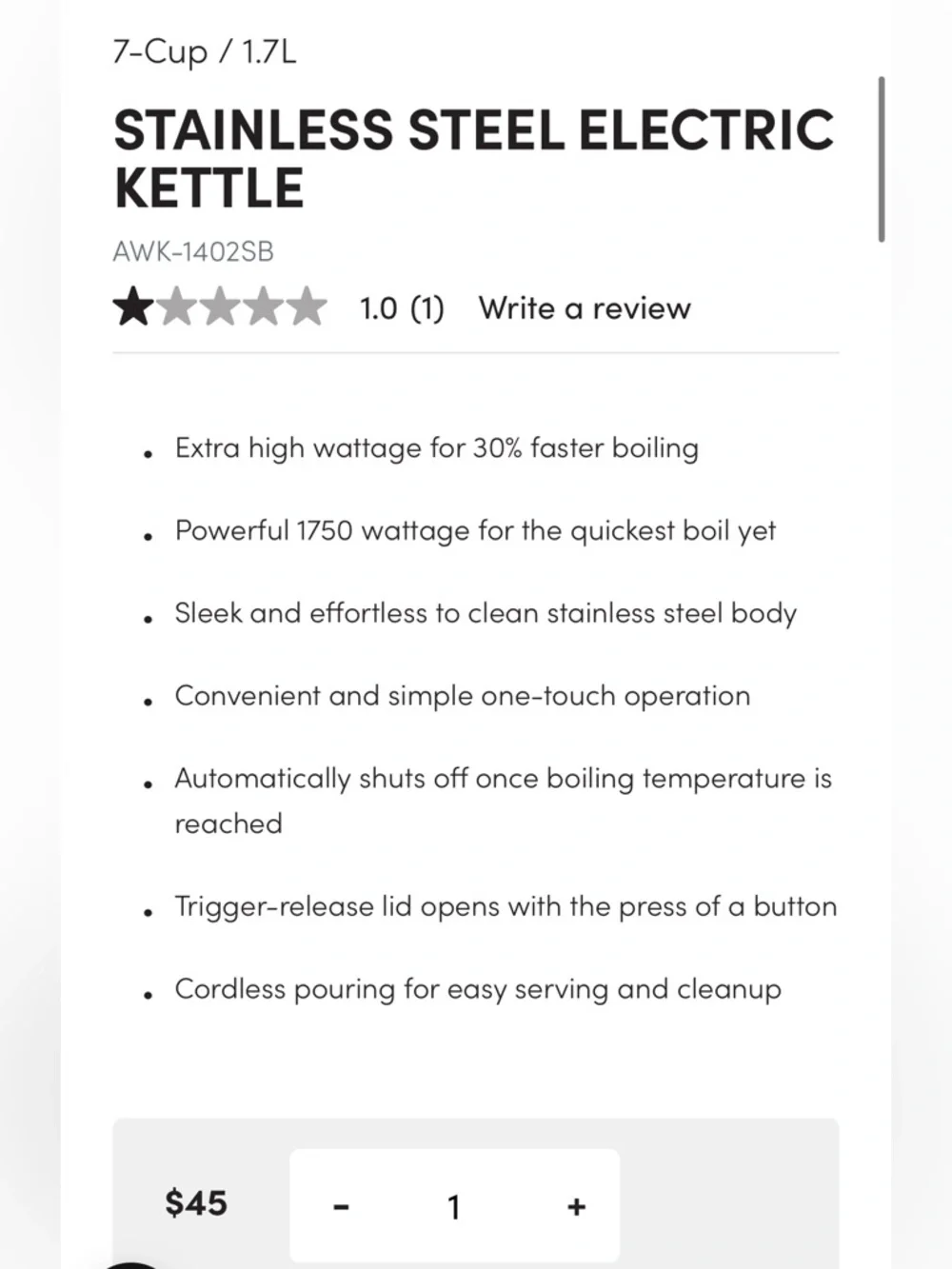 NWT Aroma 1.7L Electric Kettle